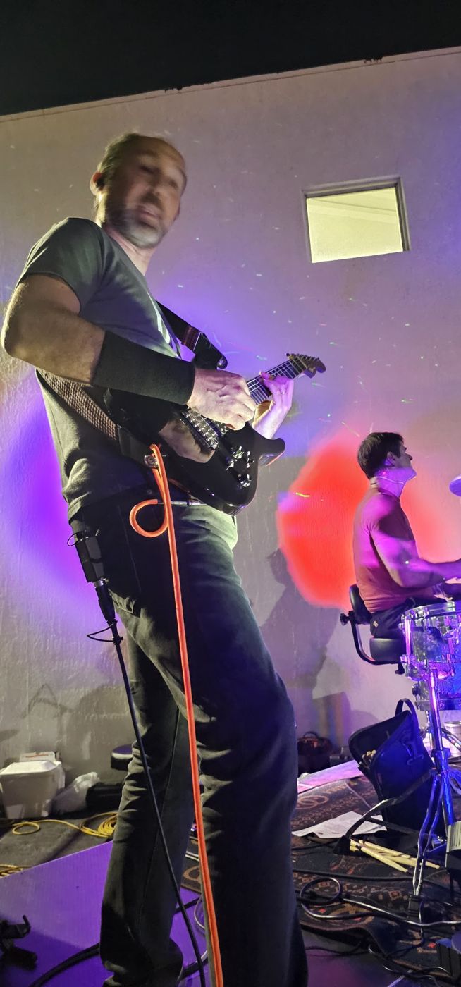 Guitarist lit in purple at the night show