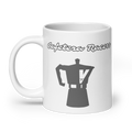 Front view of Cafetera Racers Mug by Vintage Vices, featuring café racer graphic, white