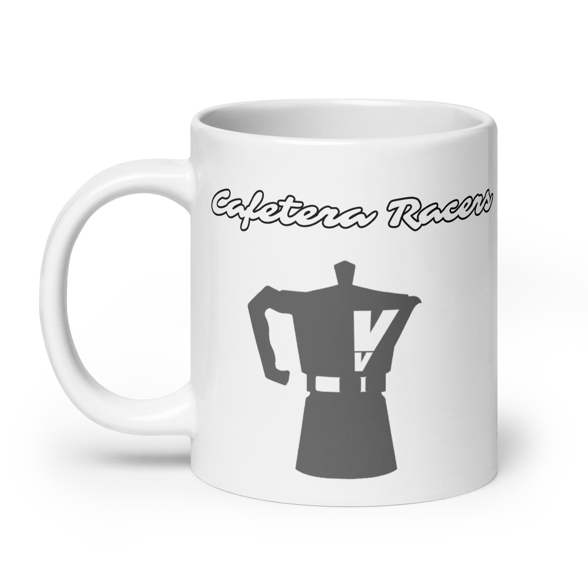 Front view of Cafetera Racers Mug by Vintage Vices, featuring café racer graphic, white