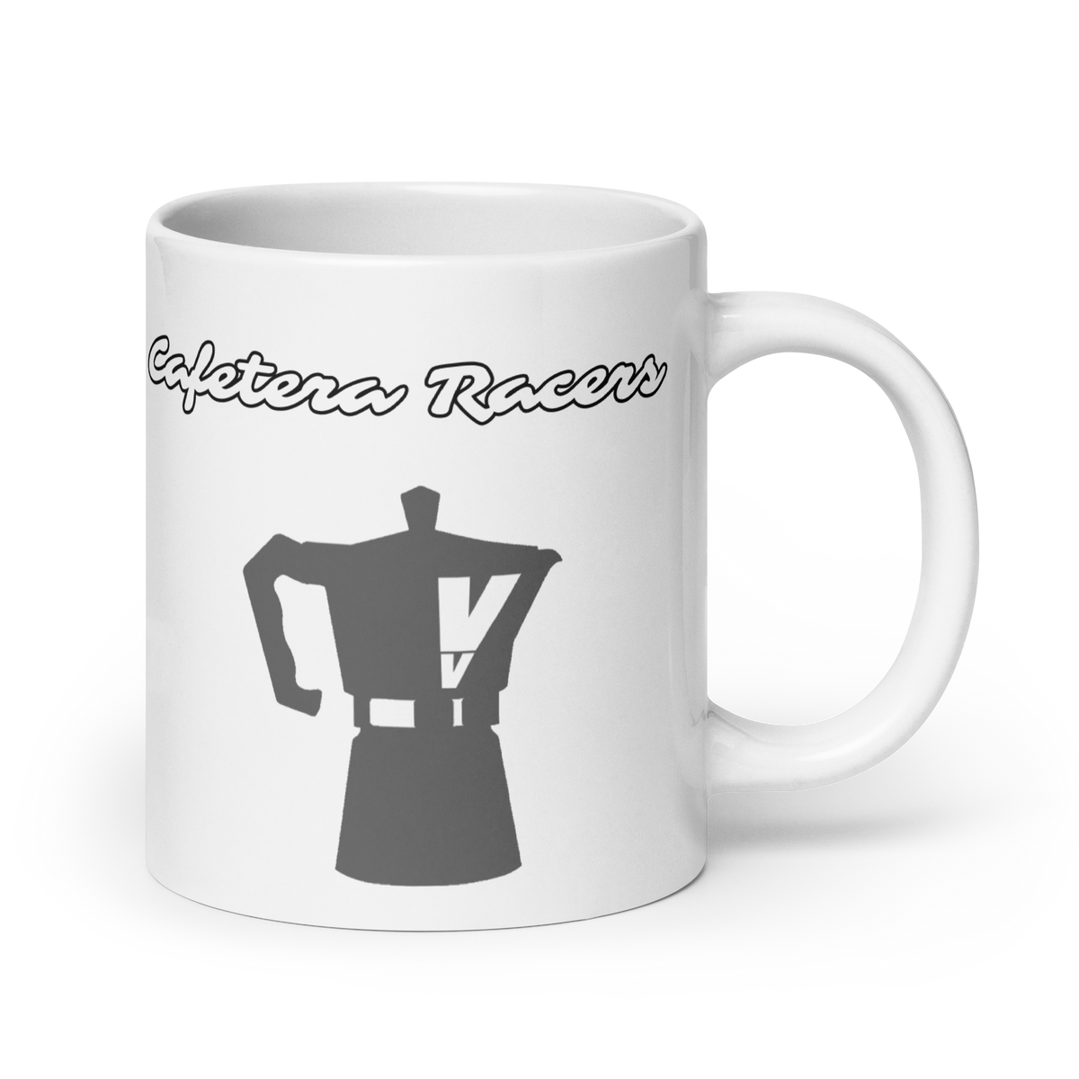 Front view of Cafetera Racers Mug by Vintage Vices, featuring café racer graphic, white