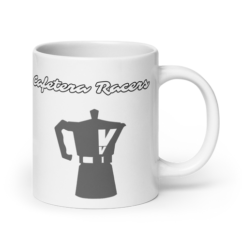 Front view of Cafetera Racers Mug by Vintage Vices, featuring café racer graphic, white