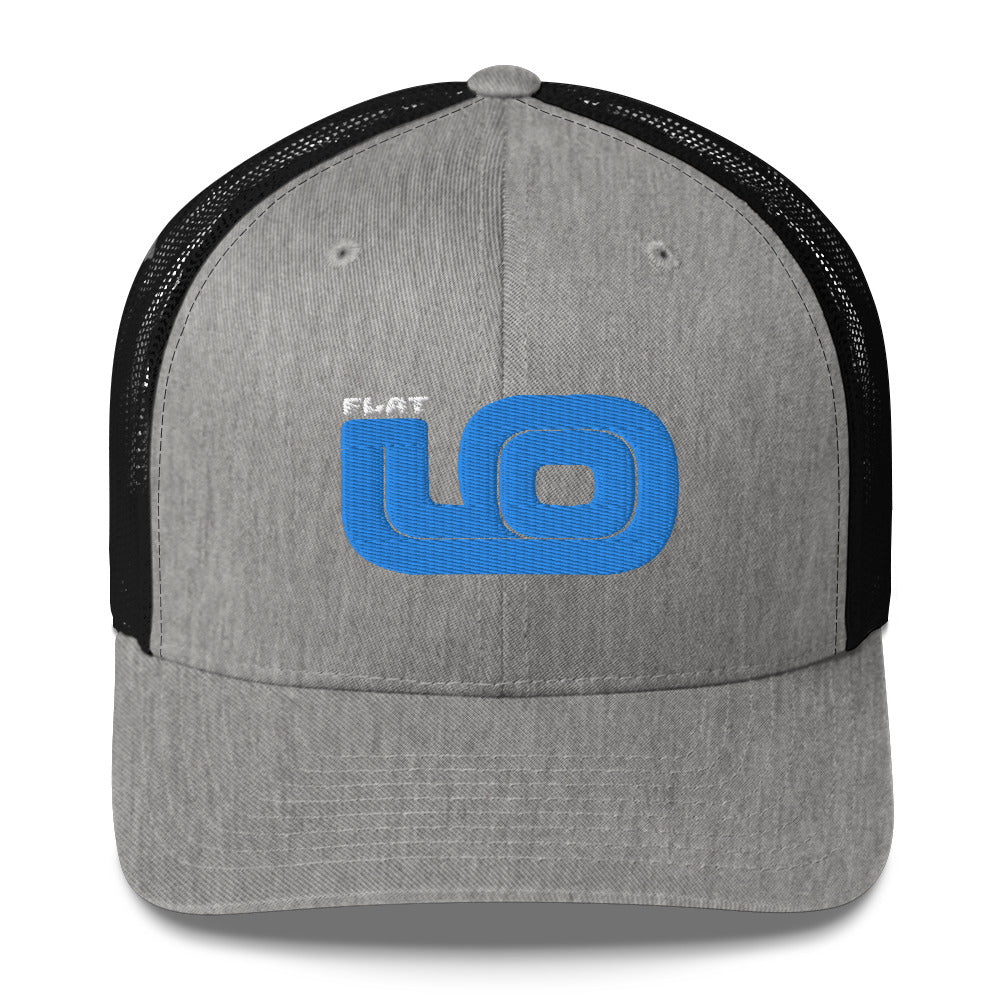 Front view of Flat 6 World Trucker Cap by Vintage Vices with blue embroidered lettering, heather gray front, black back
