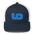 Front view of Flat 6 World Trucker Cap by Vintage Vices with blue embroidered lettering, navy front, white back