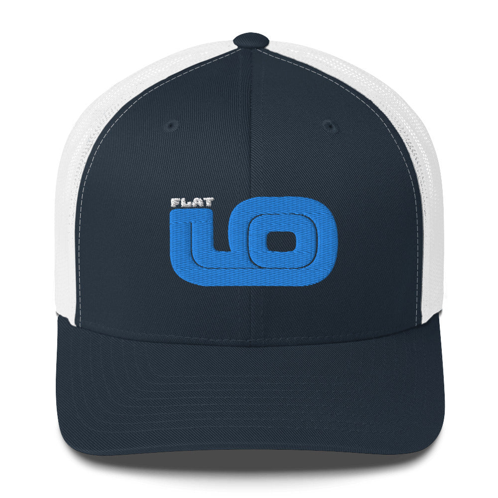 Front view of Flat 6 World Trucker Cap by Vintage Vices with blue embroidered lettering, navy front, white back