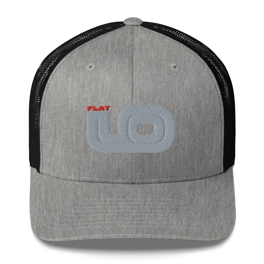 Front view of Flat 6 World Trucker Cap by Vintage Vices with gray embroidered lettering, heather gray