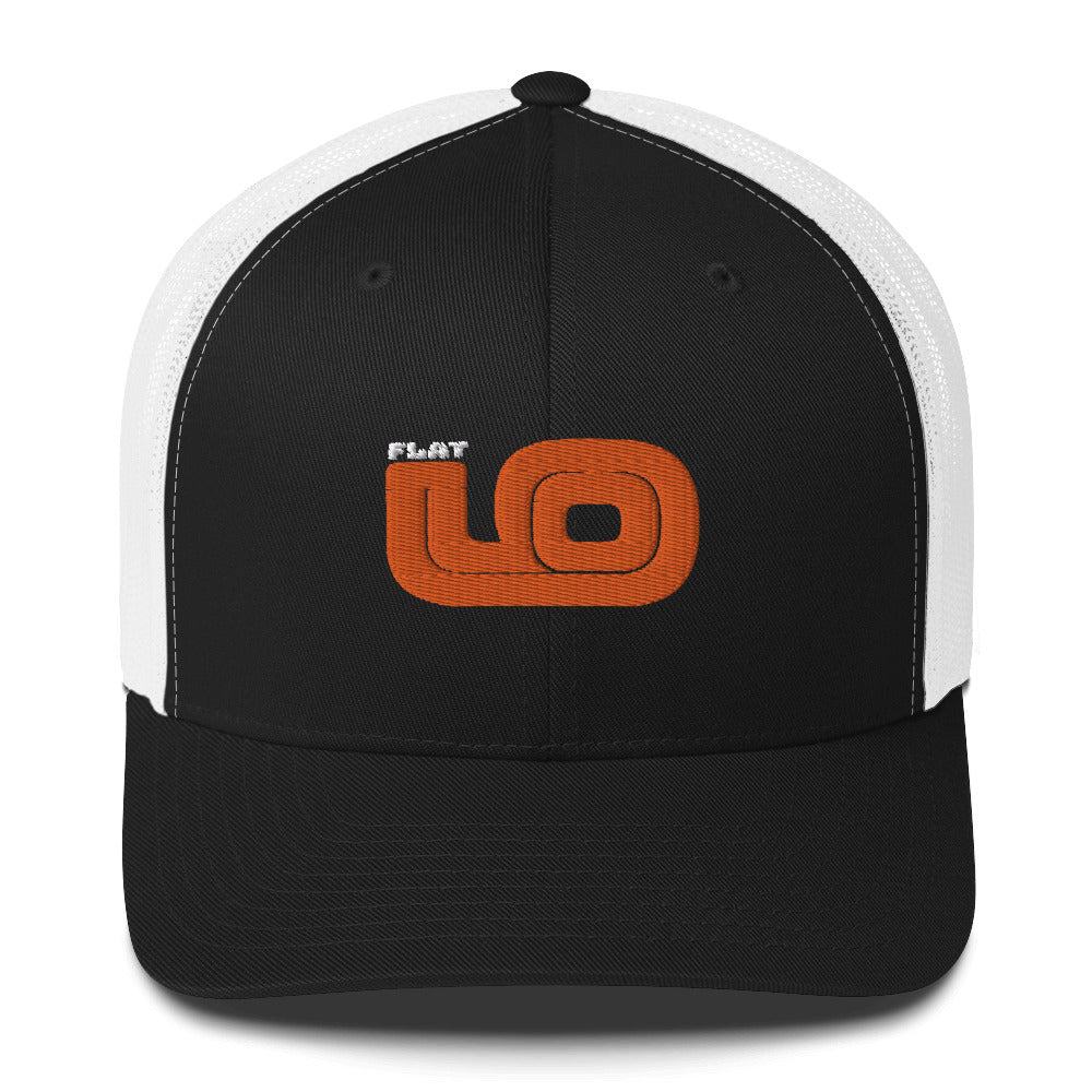 Front view of Flat 6 World Trucker Cap by Vintage Vices with orange embroidered lettering, black front, white back