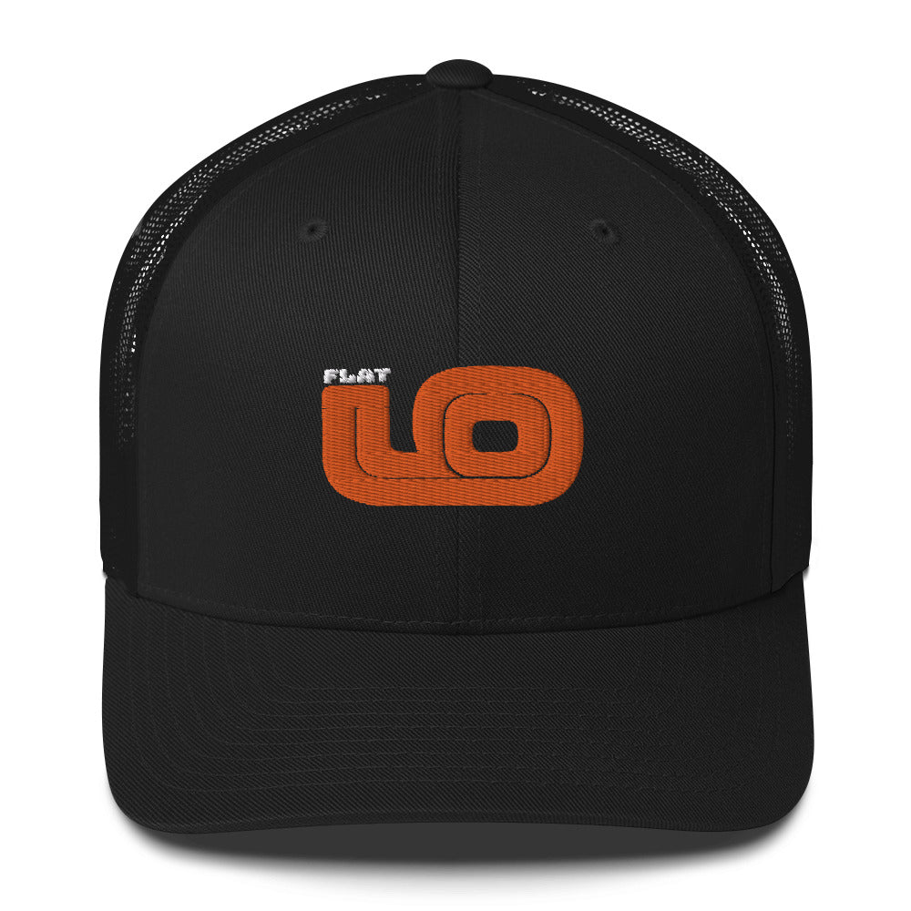 Front view of Flat 6 World Trucker Cap by Vintage Vices with orange embroidered lettering, all black