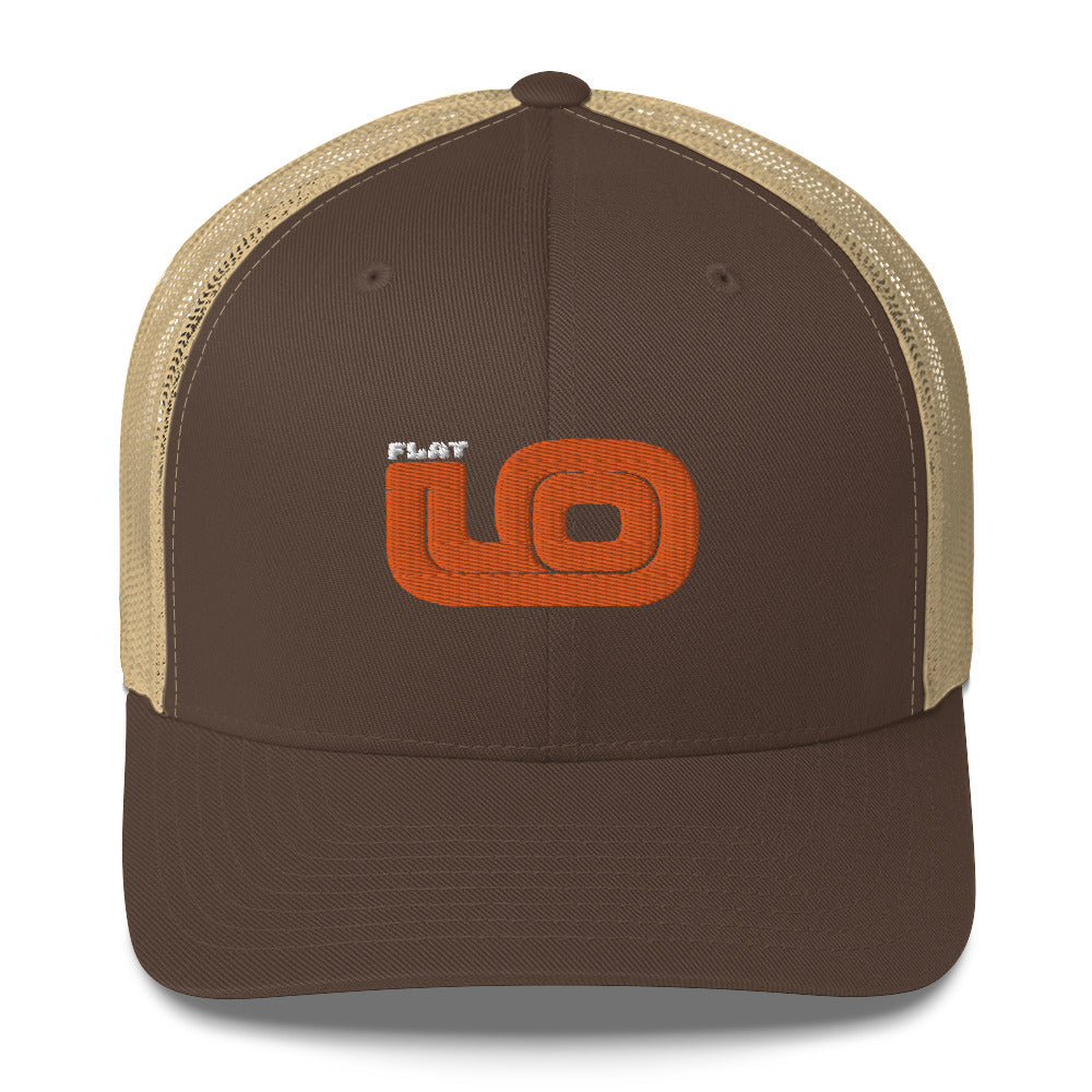 Front view of Flat 6 World Trucker Cap by Vintage Vices with orange embroidered lettering, brown front, khaki back