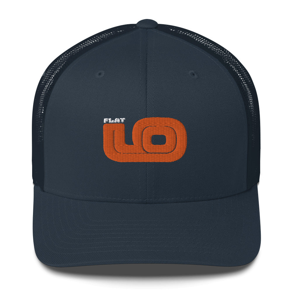 Front view of Flat 6 World Trucker Cap by Vintage Vices with orange embroidered lettering, all navy