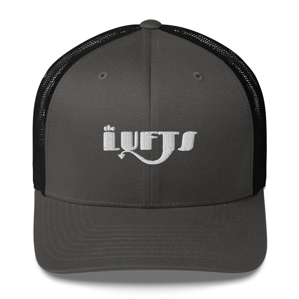 Front view of The Lufts Trucker Cap in charcoal/black by Vintage Vices